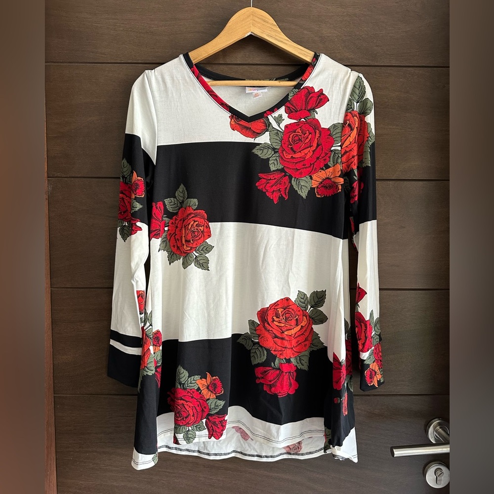LuLaRoe Stripes and Roses 3/4 Sleeve Tunic Top XS